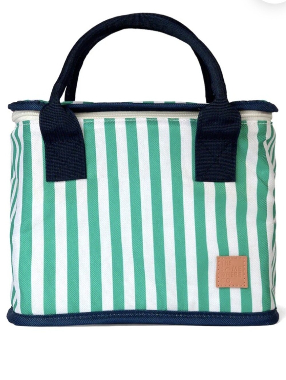The Somewhere CoStriped Green & White Lunch Tote Navy Trim New